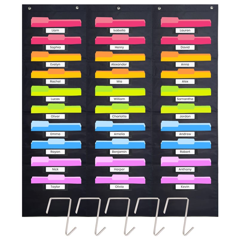 Hippo Creation Heavy Duty Storage Pocket Chart for Classroom, 30 Pocket Storage Organizer with 5 Over-Door Hangers, Hanging Wall Organizer for File Folders, School Mailbox, Home Office Papers - Black - Image 1